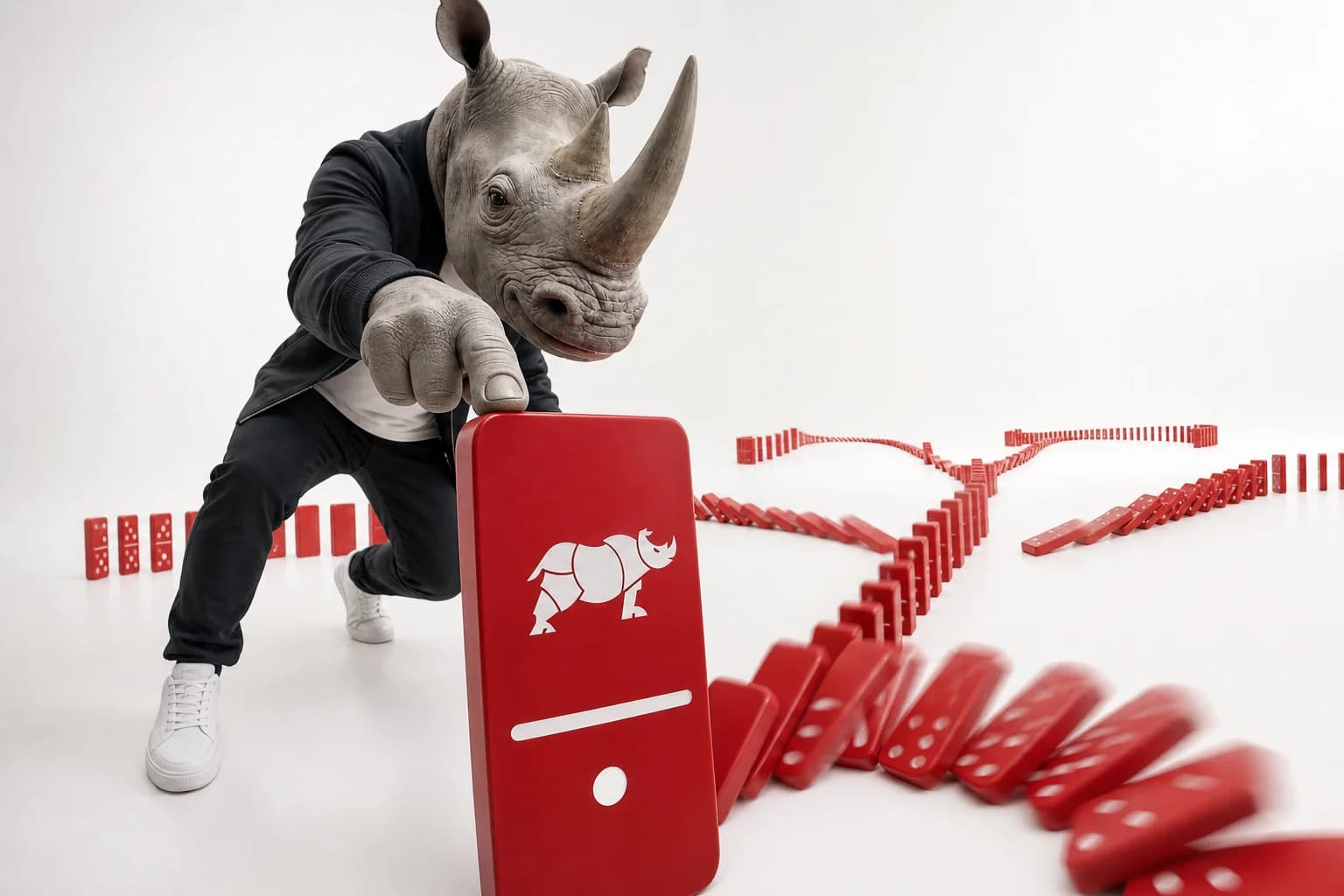Pilier activer vos réseaux : un personnage à tête de rhinocéros pousse un domino rouge et déclenche une réaction en chaîne