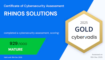 Certificat CyberVadis de RHINOS SOLUTIONS : score 929/1000, médaille 2025 GOLD (description détaillée ci-après).