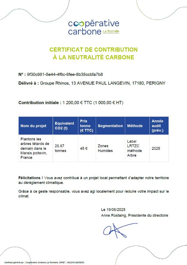Certificat de contribution à la neutralité carbone de la Coopérative Carbone La Rochelle, délivré au Groupe Rhinos (description détaillée ci-après).